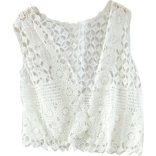 Women Hollow Out Crochet Crop Top Vest Open Front Floral Lace Sleeveless Jacket Cardigan Loose Boho Hippie Waistcoat