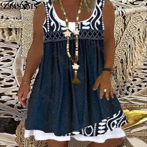 2XL Spring Retro Floral Print Patchwork Party Dress Women Casual U Neck Sleeveless Midi Dress Summer Loose Ruffle A-Line Dresses