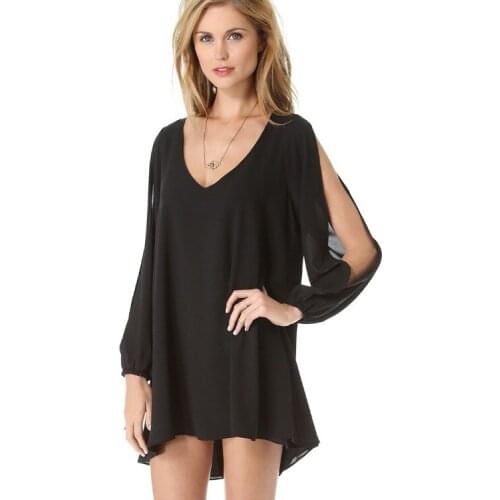 Women Long Sleeve Dress Deep V Neck Sexy Nightclub Dress big size Vintage chifon black fashion dress v neck loose beach dress