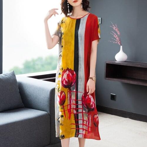 Spring / Summer 2020 New Holiday Printed Chiffon Dress Loose Round Neck Short Sleeve Beach Dress