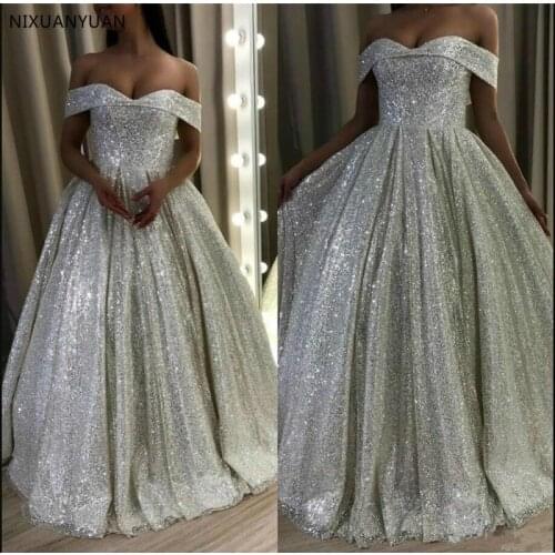Silver Sequined Wedding Dresses Off Shoulder Dubai Arabic Elegant Bridal Gowns Vestido De Novia Custom Made for Brides