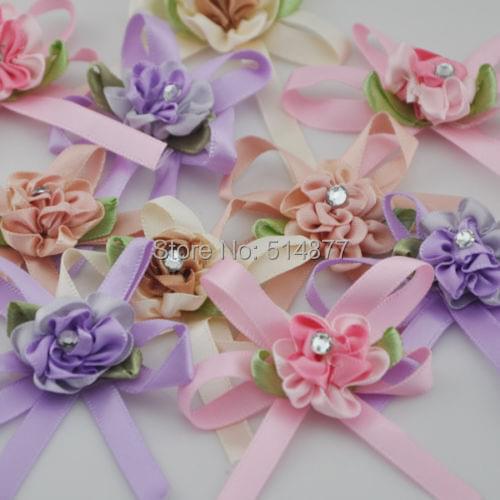 20 Pcs satin ribbon flowers bow w/leaf stone wedding sewing appliques DIY B122