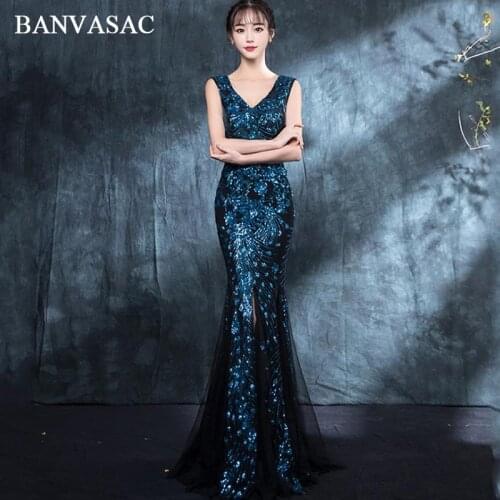 BANVASAC 2018 Sexy V Neck Sequined Mermaid Long Evening Dresses Elegant Split Zipper Backless Party Prom Gowns