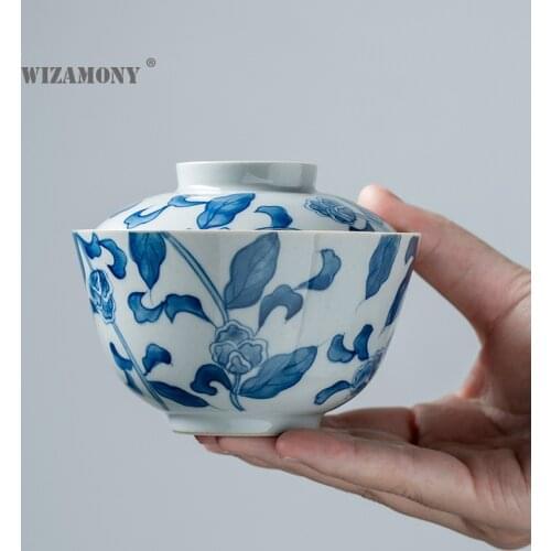 Jingdezhen Blue Pattern Hand-Painted Full Color Cover Bowl Kung Fu Tea Set Ceramic Tea Bowl Large Ancient Celadon Glaze
