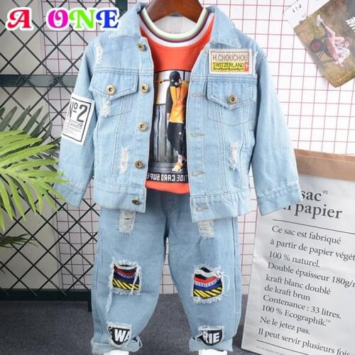 Autumn Spring cartoon letter patchwork ripped baby boys denim jacket +jeans boys girl 2 pcs set kids suit for children 90-130cm