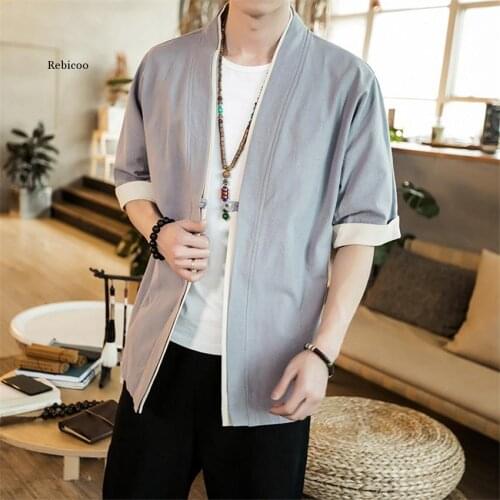 Summer Mens Linen Kimono Long Cardigan Outerwear Coats Fashion Streetwear Short Loose Male Jackets Casual Overcoat