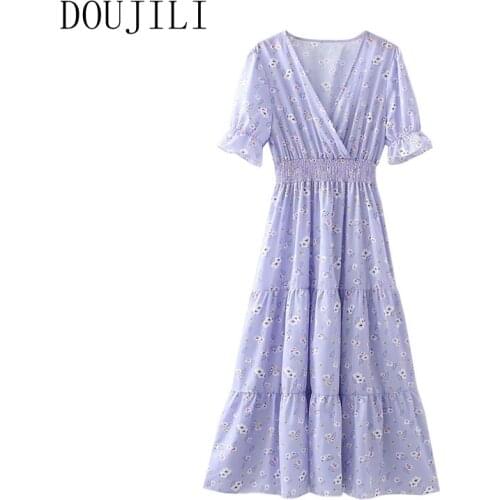 DOUJILI 2021 Summer New Style Vintage Short Sleeve Long Dress Flower Printing Temperament Dress For Women