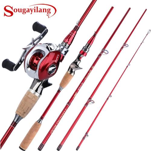 Sougayilang Casting Fishing Rod Reel Combo 2.1M-2.4M 4Sections Carbon Fiber Fishing Rod with 17+1BB 7.2:1 Baitcasting Reel Pesca