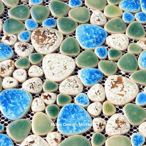 Mediterranean Blue Green Fambe Ceramic Mosaic Tile, Shower Garden Pool Floor Tile, 3D DIY Home Decor wallpaper, wall sticker