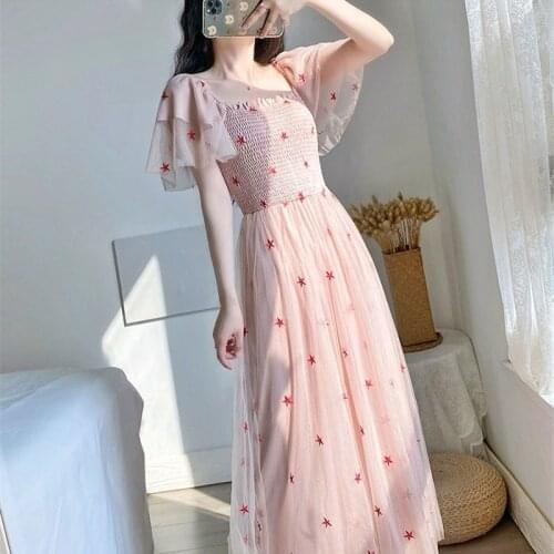 Sweet Girl Summer Tender Vintage Mesh Patchwork Cherry Fairy Midi Dress New French Literary Girl Court Style Elegant Woman Dress