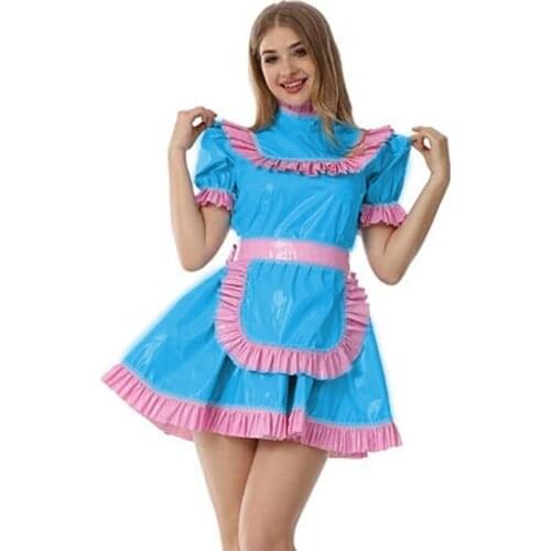 Cute Womens Lolita PVC Dress Sweet Black Lace A-line Vinyl Dress Lockable Maid Uniform Gothic Plus Size Long sleeve Sissy Dress