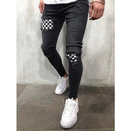 2021Mens Spliced Skinny Ripped Destroyed Stretch Jeans Slim Patch Pants Plaid Pants Elastic Men Pencil Jeans