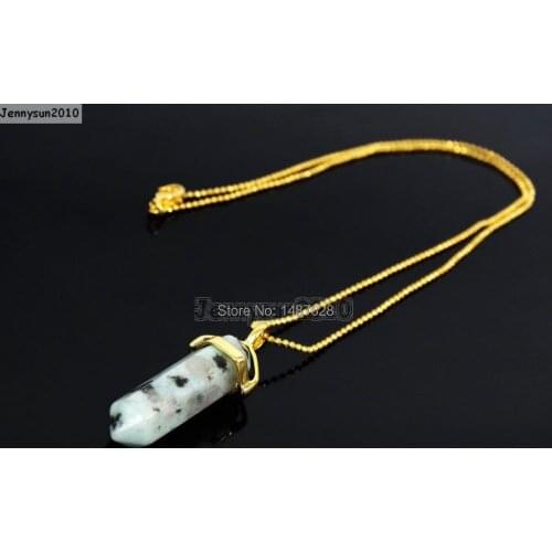 Natural Lotus Jas-per Gems Stones Hexagonal Pointed Healing Reiki Chakra Pendant Beads Gold 17'' Chain Necklace 5 Sets/Pack