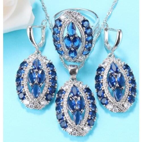 Wedding-Engagement Big Jewelry Ring And Earring 925 Sterling Silver Set Blue Cubic Zirconia Women-Girl Costume 6-Color Jewelry