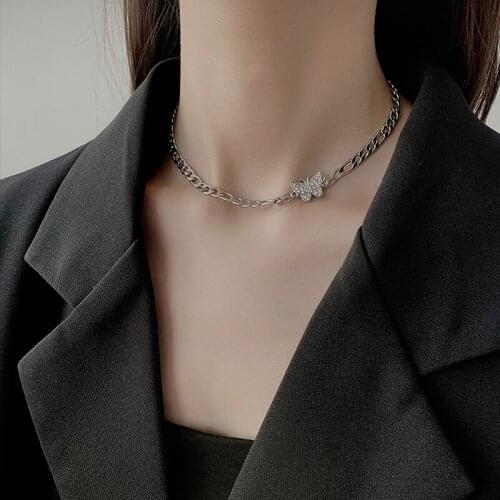 Butterfly Choker Necklaces for Women Girl Stainless Steel Fashion Rhinestone Thick Chain Charms Jewelry Valentines Day Gift