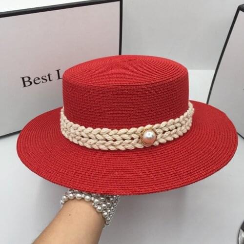 Spring and summer new seaside holiday beach red straw hat for women prevented bask fashion wind flat brim sunhat