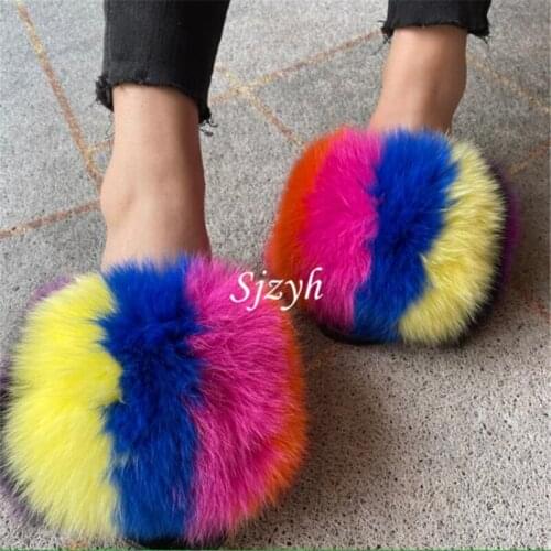 Womens Winter Fox Fur Slides Luxury Fluffy Fur Slippers Ladies Furry Flip Flops Indoor Warm Plush Sandals Female Designer Shoes