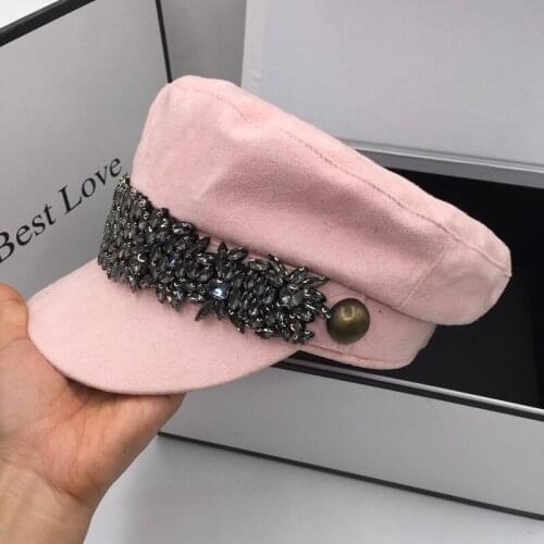 The spring and autumn period pink visors for women new faux suede diamond hat navy cap temperament show
