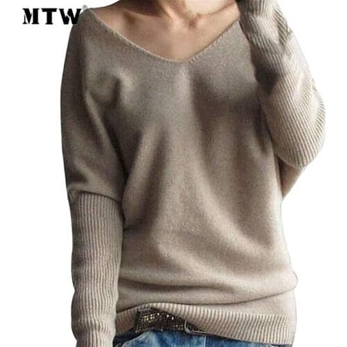 Vintage V-Neck Loose Office Pullover 2020 Autumn Winter Knitted Sweater Women Batwing Sleeve Casual Jumper Tops