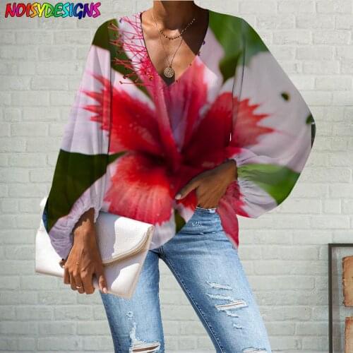 WHEREISART Hawaiian Hibiscus Printing Sexy Womens Blouses Plus Size Loose Tops Tee Chemisier Ladies Spring Long Sleeve Shirt