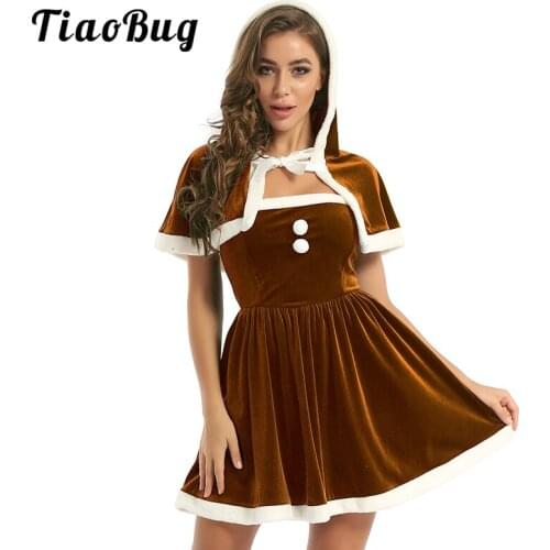 TiaoBug Women Christmas Costume Soft Velvet Dress with Hooded Cape Female Xmas Santa Reindeer Cosplay Holiday Party Rave Outfit
