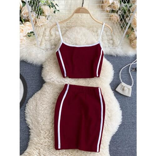 Women Sport Set Summer 2020 Sleeveless Short Camis Vest + High Elastic Waist Mini Skirt Patchwork Female Casual 2pcs Sets Suit