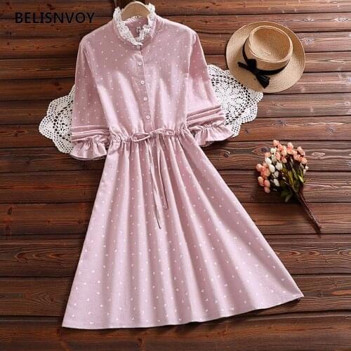 Japanese Mori Girl Autumn Women Sweet Dress Red Pink Heart Printed Lace Ruffled Vestidos Elegant Cotton Kawaii Cute Spring Dress