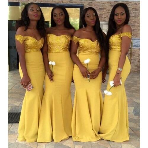 2020 Black Girls Yellow Bridesmaid Dresses Mermaid Sexy Off Shoulder Sequins Long Wedding Guest Dress Party Occasion Evening
