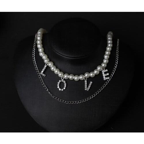 2020 Vintage Sexy Double Chains Rhinestone LOVE Letter Pendant Imitation Pearl Choker Necklace Clavicle Collar Jewlry for Women
