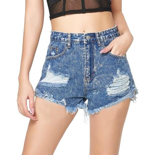 2021 Women Casual Loose Style Jeans with Broken Holes Blue Solid Color Denim Cloth Shorts for Shopping Dating Vacation Party