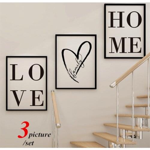 3PCS/Set Love Home Letters Heart Pattern Canvas Pictures Black and White Simple Style Stair Wall Picture For Living Room Decor