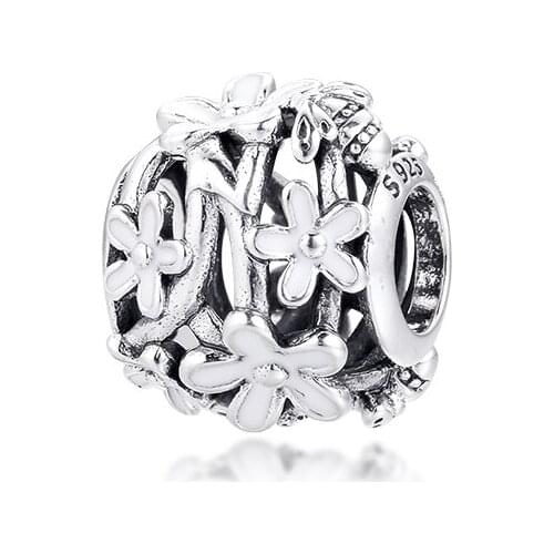 Openwork White Daisy Flower Charm Sterling Silver Beads for Jewelry Making Fashion Jewelry Beads Fit Charm Bracelet & Necklace