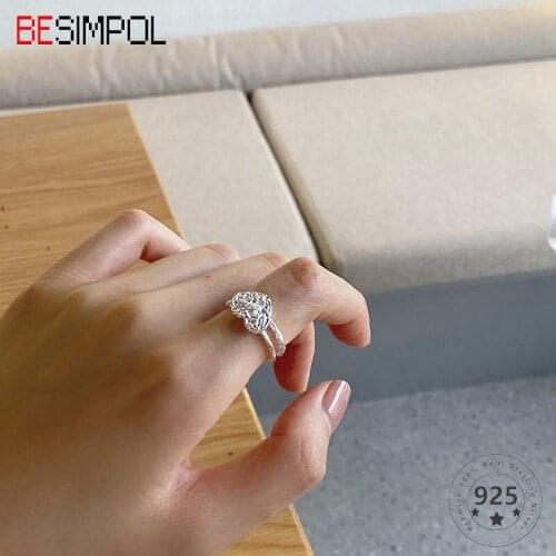 Besimpol 100% Real 925 Sterling Silver Heart Rings Sweet Cute Adjustable Open Double Ring For Women Luxury Fine Jewelry Gifts