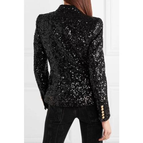 Black Shiny Sequined Blazer Suit Lapel Collar Front Double Breasted Gold buttons up Long Sleeves Amazing Fashion high quality
