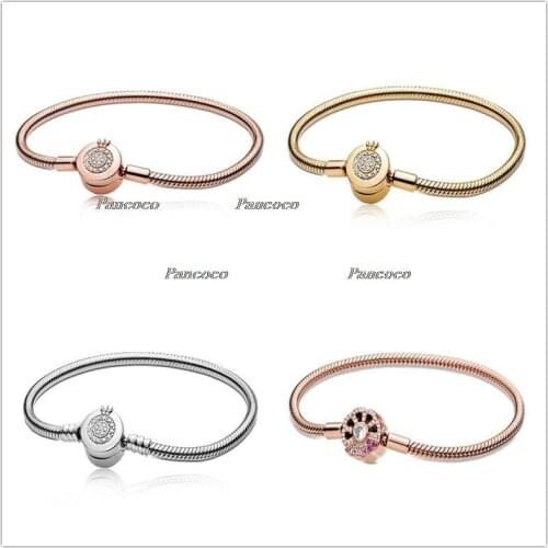 925 Sterling Silver Rose Moments Pink Fan Clasp Snake Chain Bracelet Bangle Fit Bead Charm Fashion Jewelry