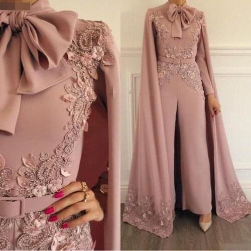Elegant Muslim Evening Dresses high neck 2019 Blush Pink Lace Appliques Beaded Evening Pants Dubai Arabic Long Sleeves Formal