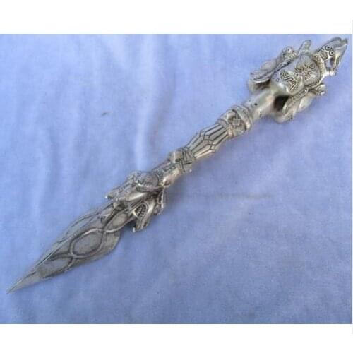 Fairy Decorative Handmade Tibetan silver Copper Buddhist Sword,Carved head /Ritual Dagger statue from tibetan ,Long 14 inch