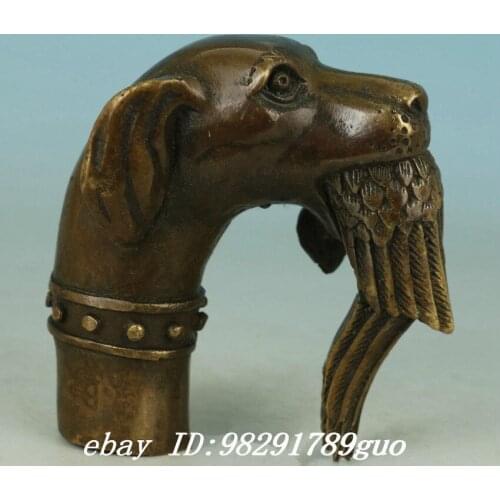 China Old Bronze Hand Carved Dog Bitten Birds Statue Cane Walking Stick Collect