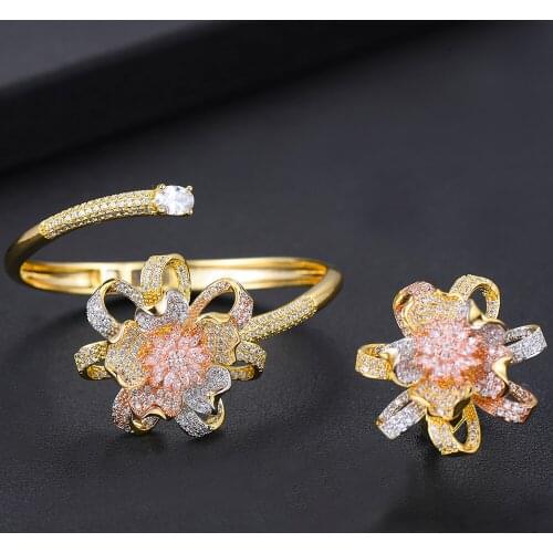 LARRAURI Gorgeous Cubic Zircon Flower Shape Bangle Ring Set Three Tone Color Copper Jewelry Sets For Women Bridal Bijoux