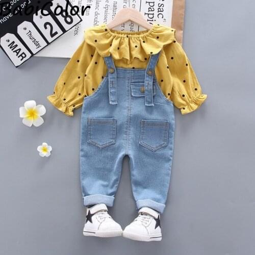 Baby Girl Clothes Suits Causal Baby Girls Clothing Sets Children Suits Clothes 2 Pieces Dot+Overall Pants Kids Outfit Suit