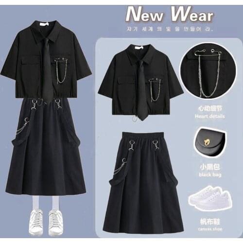 Summer New Skirt Suit Korean Fashion Loose Short-sleeved Shirt+tooling Strap Chain Skirt 2-piece Set traf y2k Kawaii Harajuku