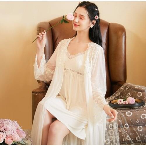 MeetLife 2 Pieces Set Sleepwear Victorian Princess Nightgown Sleepwear Women Long Sleeve Lace Nightdress Homewear Wedding