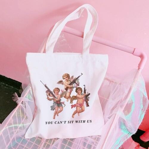 Angel 90s Fashion Girls Canvas Tote Bag Kawaii Cute Angel Printed Vintage Ullzang Shopping Bags Harajuku Foldable Handbag
