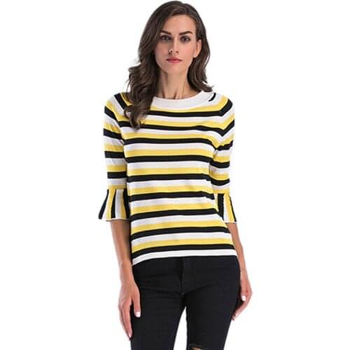 Vogue Woman Sweaters New Casual Slim Bodycon Striped Knitted Sweaters for Women O-neck Three Quarter Butterfly Sleeve Tops