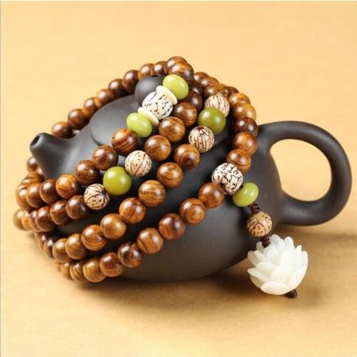 New Design Tibetan Buddhist Natural Rosewood 108 Mala Wood Beads Bracelet White Bodhi Root Carved Lotus Bracelet For Wo