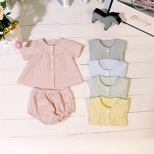 Newborn Baby Clothing Sets Outfits Checked Blouse Panties 2pcs Suit Infant Boy Girl Summer Cotton Outfit Shirt Shorts Sets Plaid