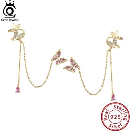 ORSA JEWELS Genuine 925 Silver Butterfly Earrings 14K Gold Plated Personalized Butterfly Clip with Long Chain Earrings SE340
