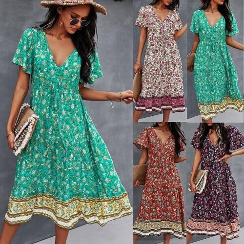 Dress Women V Neck Sexy Bohemian Dress Short Sleeve Patchwork Floral Print Sashes Summer Dress Vestidos Mujer