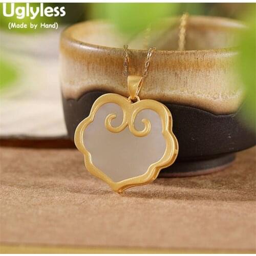 Uglyless Natural Hotan Jade Heart Pendants for Women Vintage Heart Gemstones Necklaces NO Chains Lucky Clouds Jewelry 925 Silver