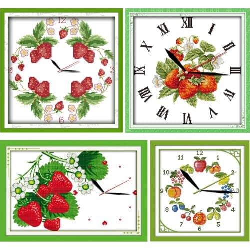 Attractive Strawberries Clock Cross Stitch Kits Embroidery Counted 11CT 14CT Printed Needlework Stamped Decor Handmade Gifts Set